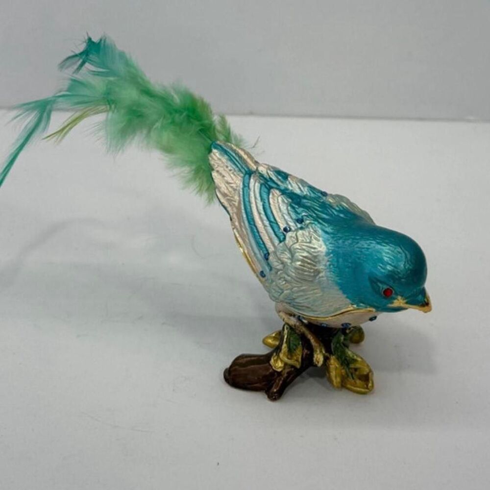 Ornate Enameled Bluebird Trinket Box with Feather Tail
